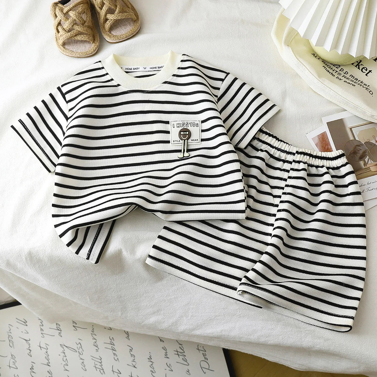 Children Boys Short Sleeves Suit Summer Stripe Kid Boy Outfit Infant Baby Boys Top+cotton Shorts Tracksuits Toddler Girl Clothes