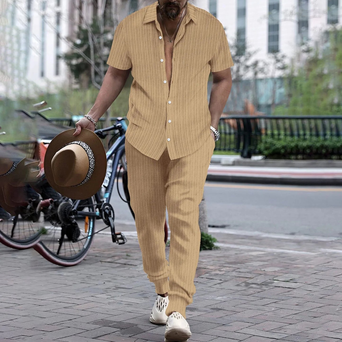 Mens Shirt Casual Short Sleeve Cardigan Blouse Top Pants Beach Suit Summer Two Piece Set Fashion Clothing For Man Ropa Hombre