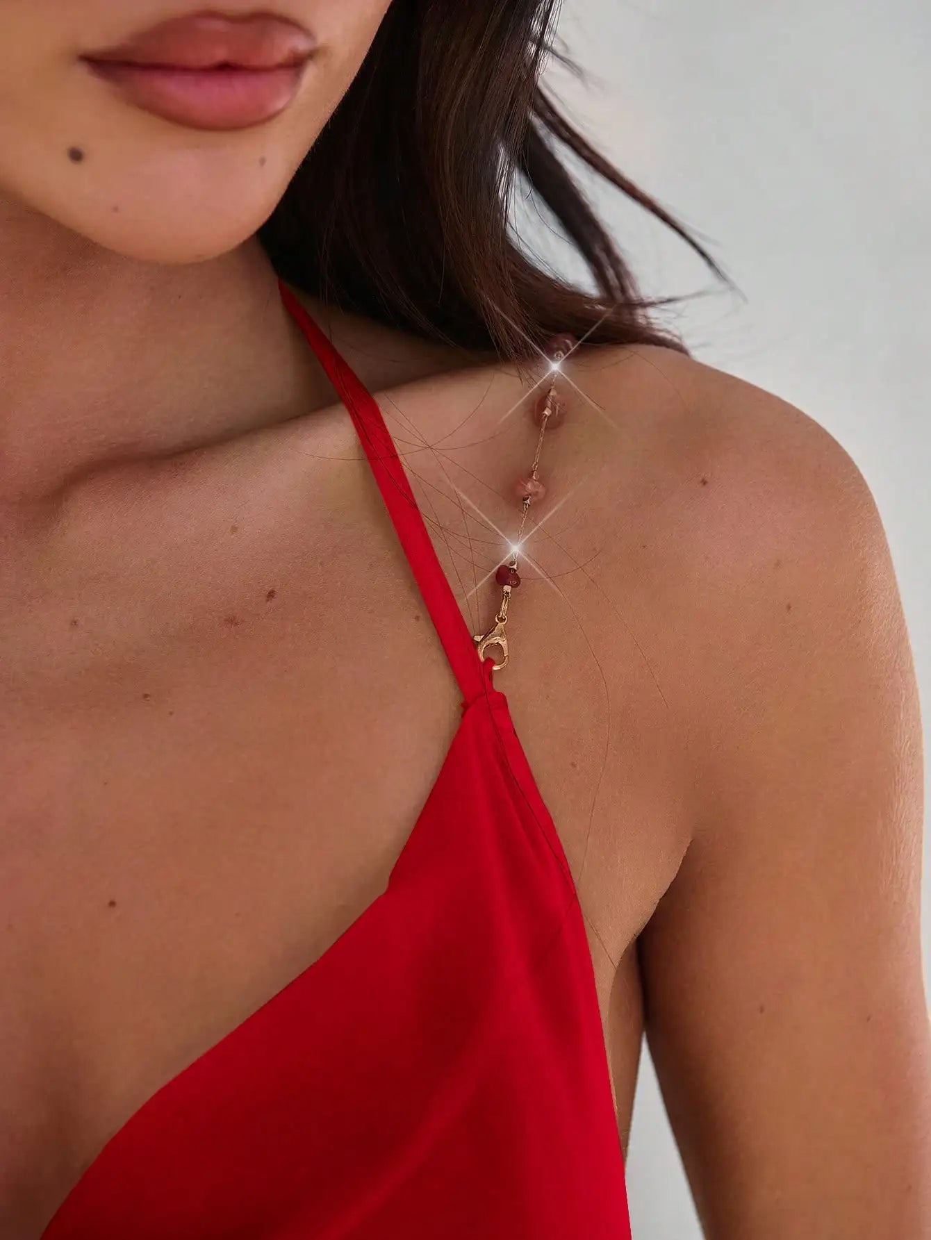 Women's Red Plunging Neck Backless Beaded Chain Maxi Dress for Evening