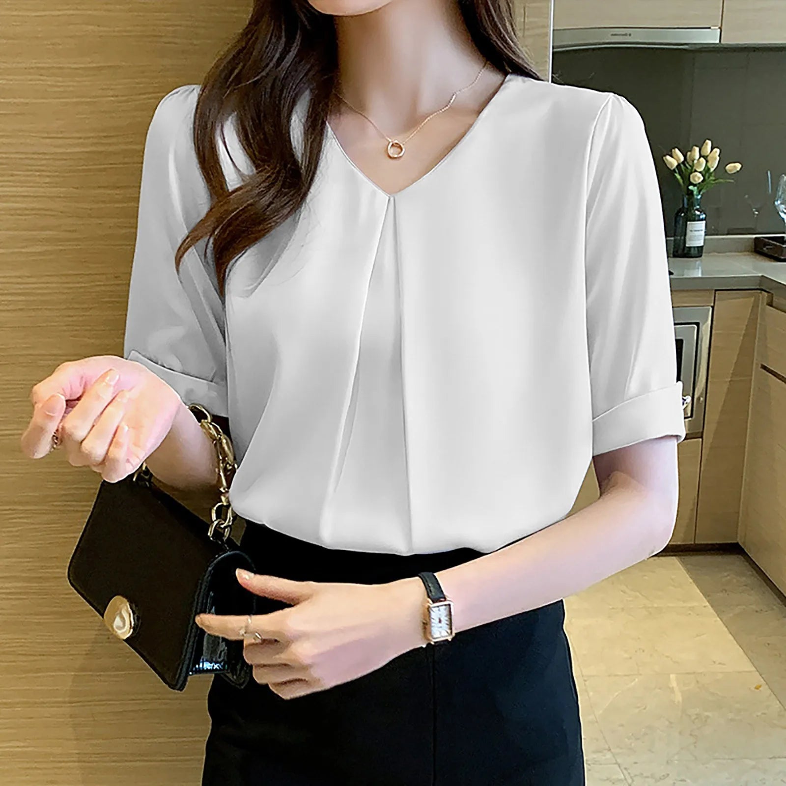 Summer Blouses For Women Dressy Casual French Shirt Female V Neck Design Short Sleeved Summer Loose Day T Blusas Para Mujer