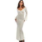 Women s Long  Fit Dress Long Sleeve V Neck Tie Up Knitted Crochet Beach Dresses