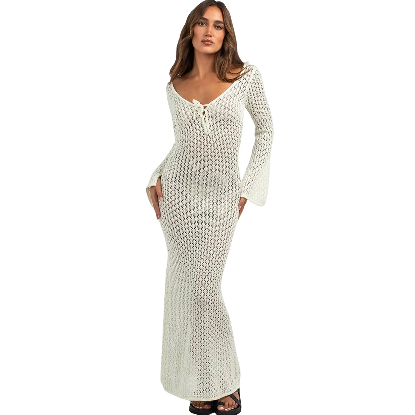 Women s Long  Fit Dress Long Sleeve V Neck Tie Up Knitted Crochet Beach Dresses