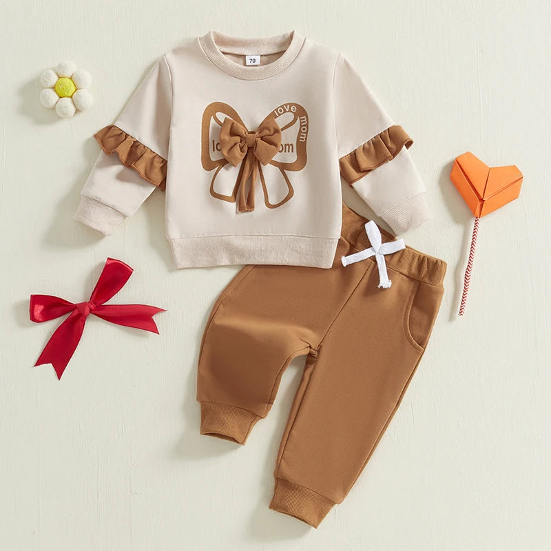 Baby Girls 2-Piece Outfit Long Sleeve Crew Neck Bow Sweatshirt with Elastic Waist Sweatpants Cotton Polyester Blend for Fall 0-3T