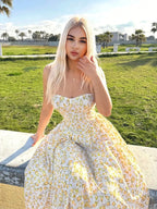 Sweetina Spring And Summer Graduation Yellow Vacation Casual Ditsy Floral Spaghetti Strap Flowy Sundress Dress,Easter