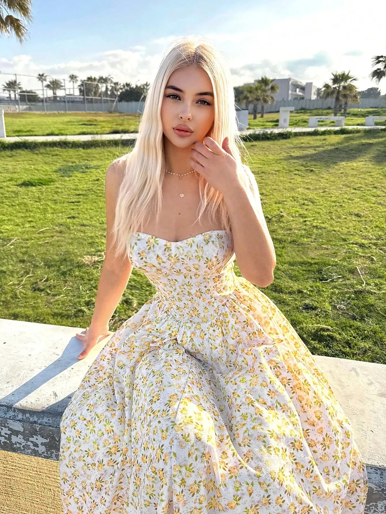 Sweetina Spring And Summer Graduation Yellow Vacation Casual Ditsy Floral Spaghetti Strap Flowy Sundress Dress,Easter