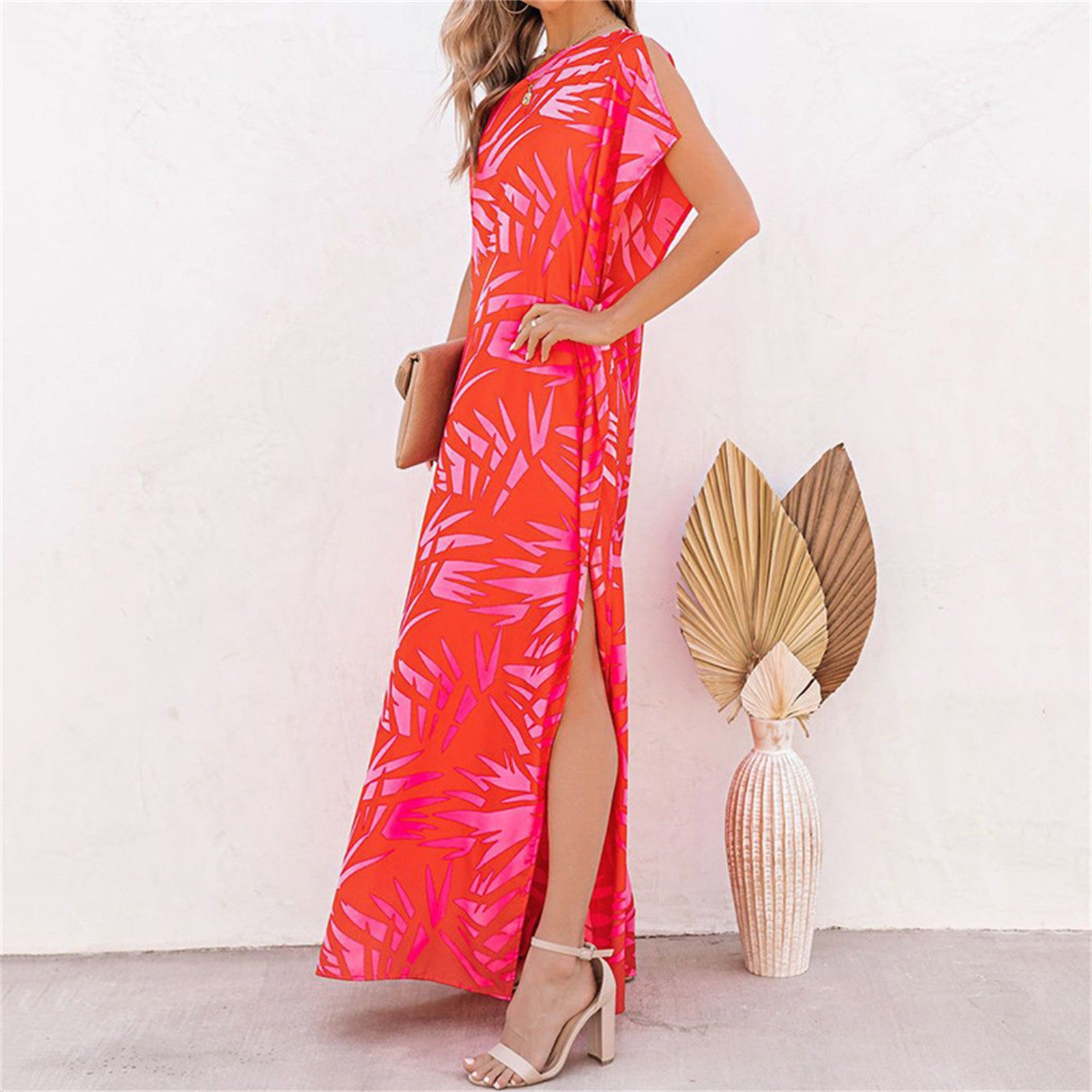 Tropical Printing Women Maxi Dress Summer Elegant One Shoulder Sleeveless Slit Long Party Evening Dress Lady Boho Sundress Robe