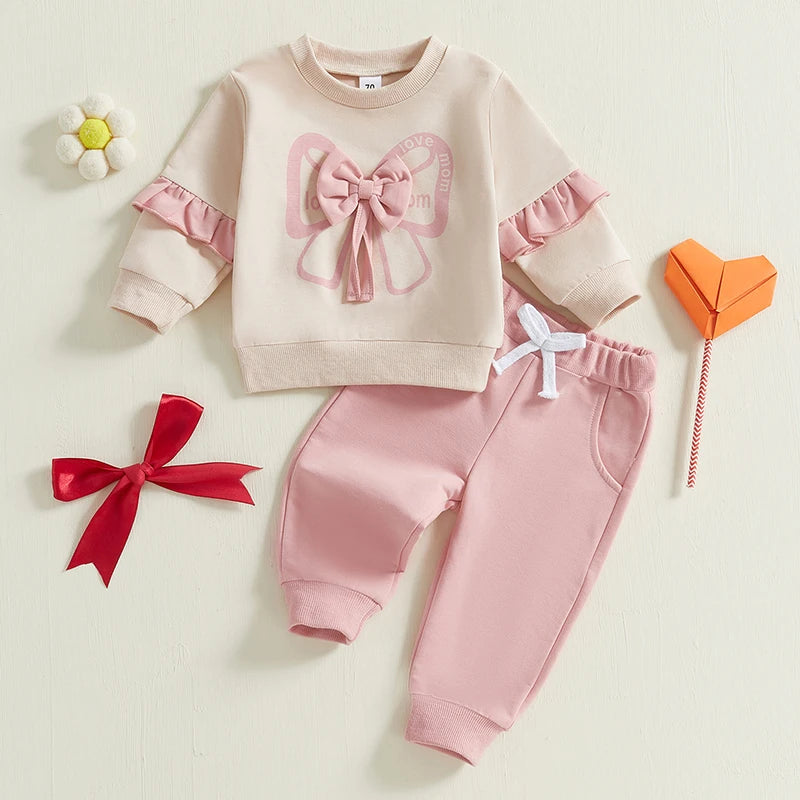 Baby Girls 2-Piece Outfit Long Sleeve Crew Neck Bow Sweatshirt with Elastic Waist Sweatpants Cotton Polyester Blend for Fall 0-3T