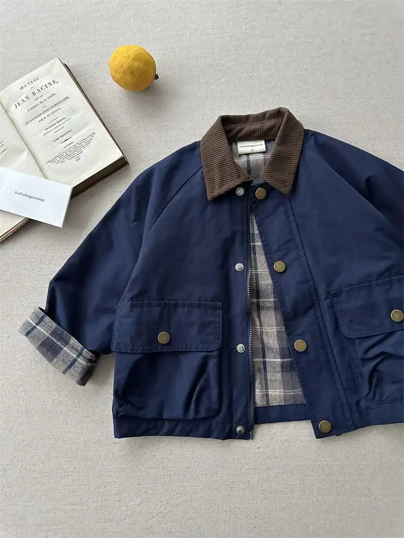 2025  Spring Autumn Kids Boys Jacket Plaid Spliced Pocket Long Sleeve Toddler Boys Outerwears Coat Children Boys Jacket