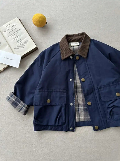 2025  Spring Autumn Kids Boys Jacket Plaid Spliced Pocket Long Sleeve Toddler Boys Outerwears Coat Children Boys Jacket