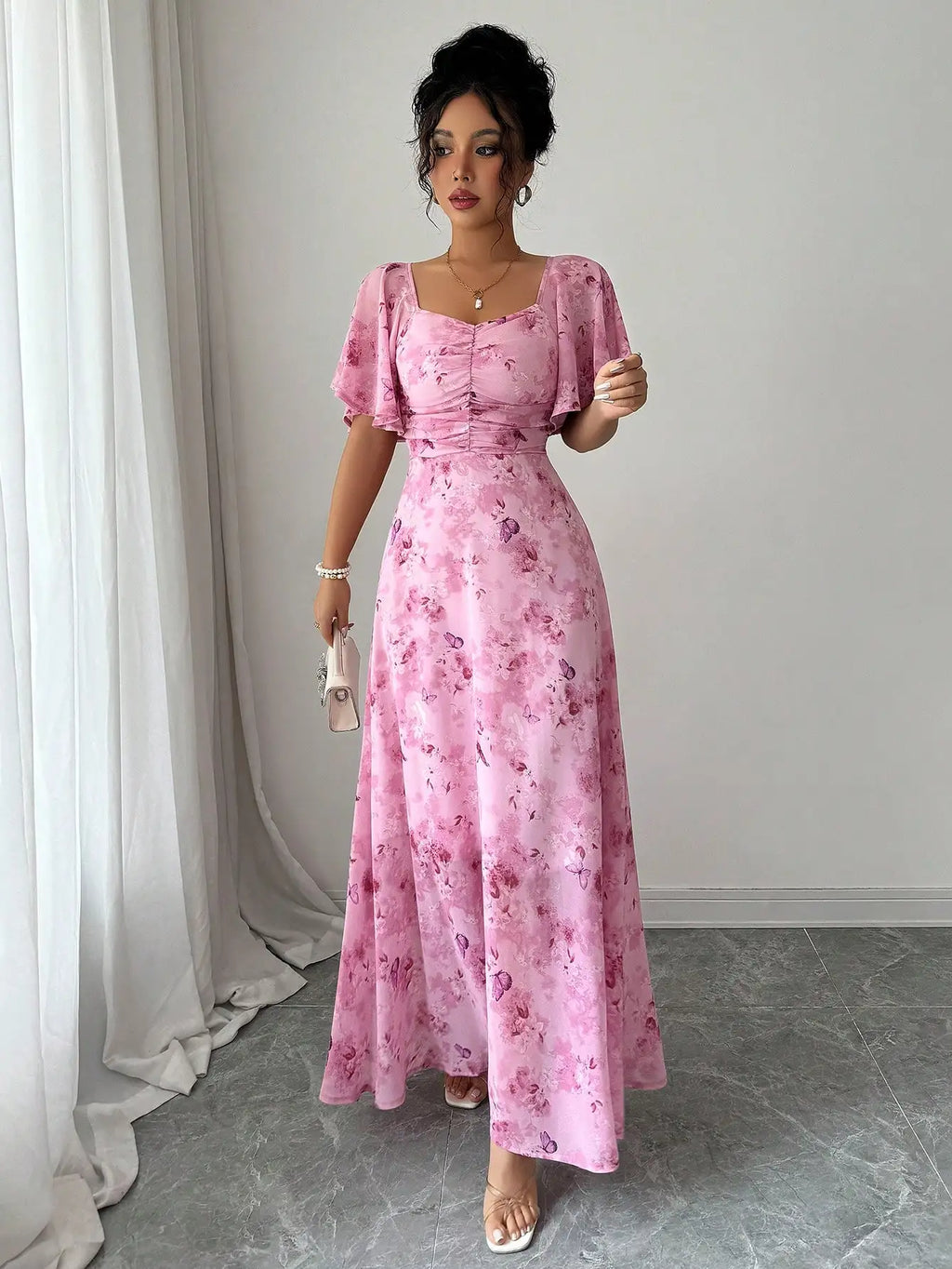 Pink Butterfly Print Chiffon Maxi Dress with Ruched Bodice and Batwing Sleeves for Summer
