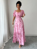 Pink Butterfly Print Chiffon Maxi Dress with Ruched Bodice and Batwing Sleeves for Summer
