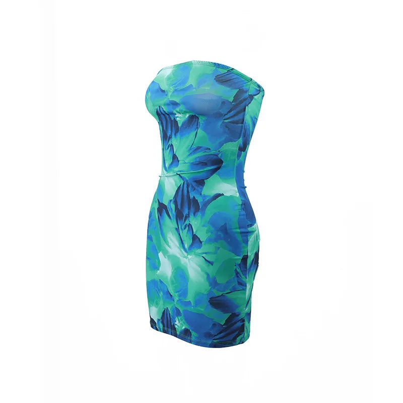 Sexy strapless floral print backless slim fit dress for women in summer 2025 comfortable and elegant beach vacation short skirt