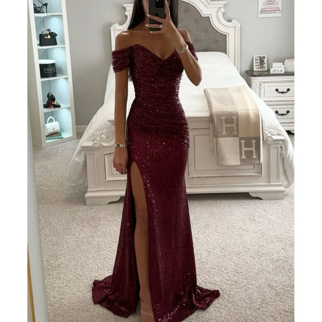 Women's S-XL Size New Party Sequins One line Neck Split Dress INS Casual Versatile Fashionable Charming Slimming Dress for Women