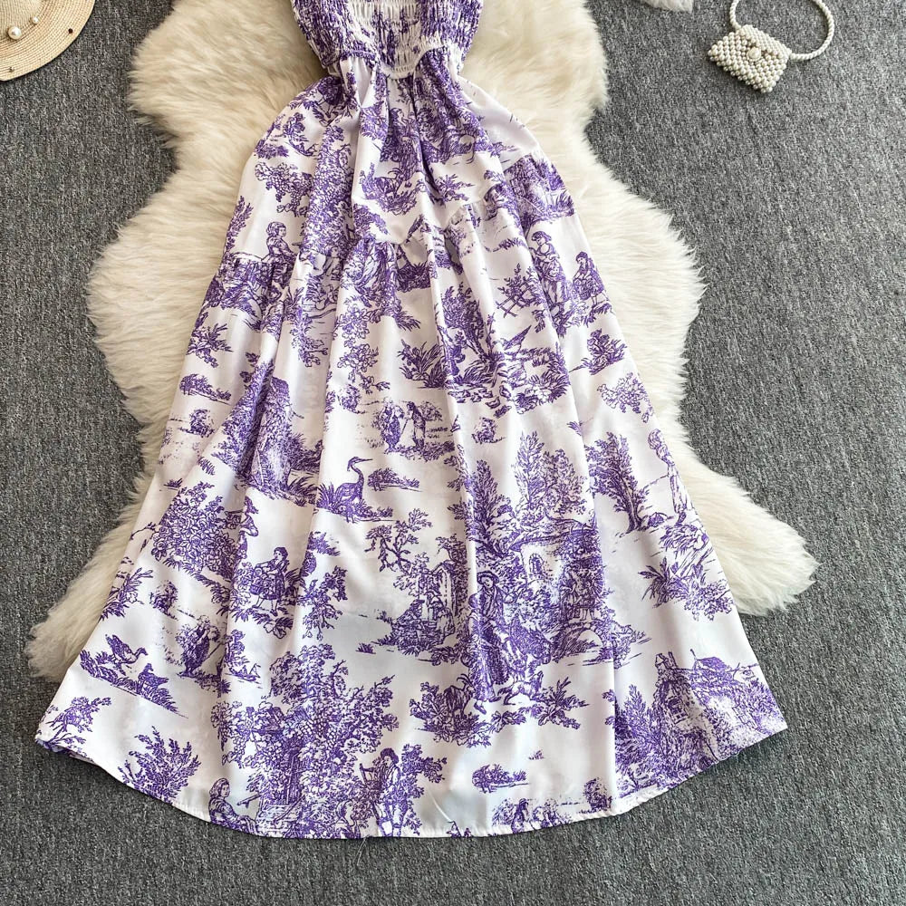 2025 New Summer Pink/Purple Flower Print Romantic Retro Party Dress Elastic High Waist Vacation Long Dress Beach Vestido