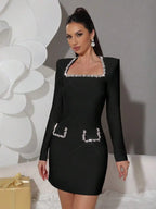 Red Rhinestone-Embellished Long Sleeve Bodycon Mini Dress for Evening Events