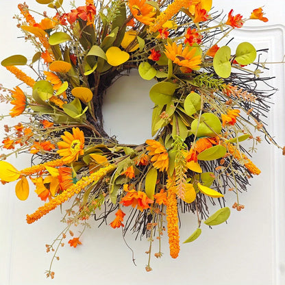 17.7" Fall Wreath for Front Door Orange Farmhouse Harvest Sunflower Wreath with Daisy Flowers Thanksgiving Wreath for Front Door