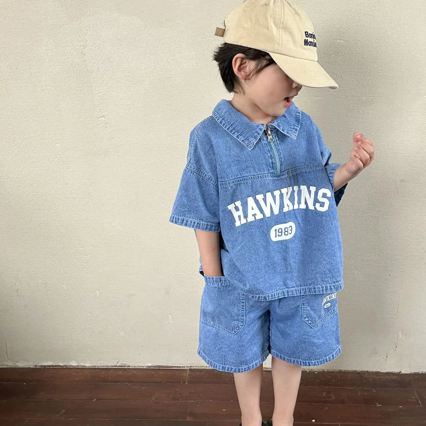 5816C Children's Clothing Set Denim Suit Summer Casual Boy's Denim Suit Letter Print Top+ Shorts Casual Two-piece Suit