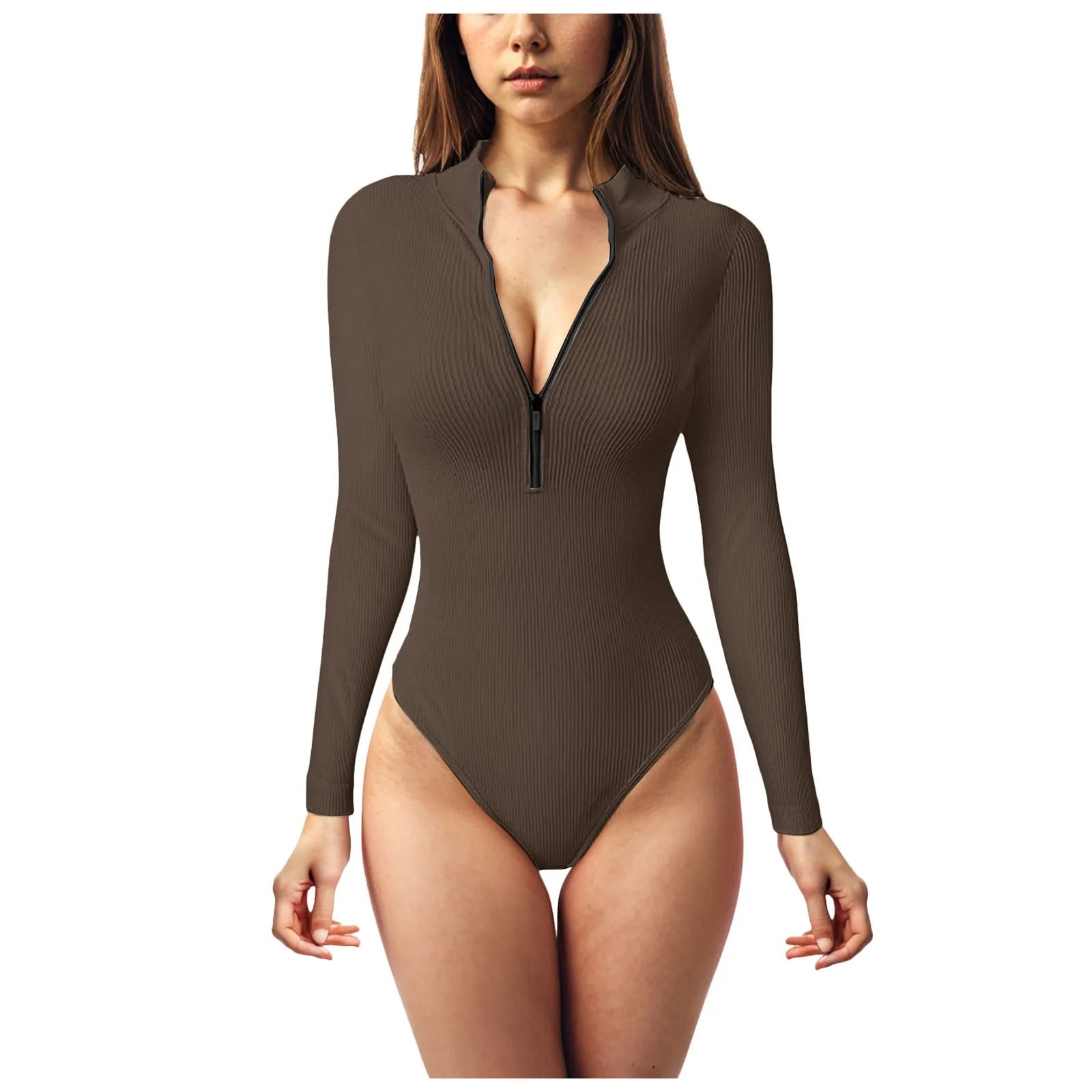 Women Ribbed One-Piece Bodysuits Half Zip Up Stand Collar Y2k Tops Bottoming Undershirts Slimming Long Sleeve Jumpsuits Tops