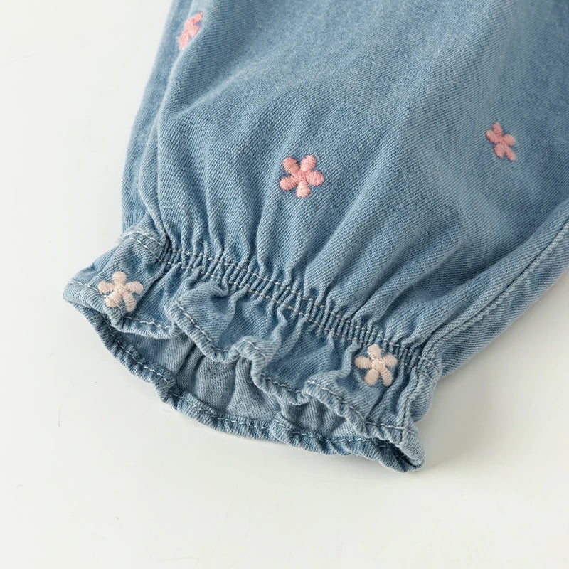 Dave Bella Girl's Embroidery Jeans Denim Pants Elastic Flower Band Spring Autumn Trousers Children's Casual Jeans DB3242342