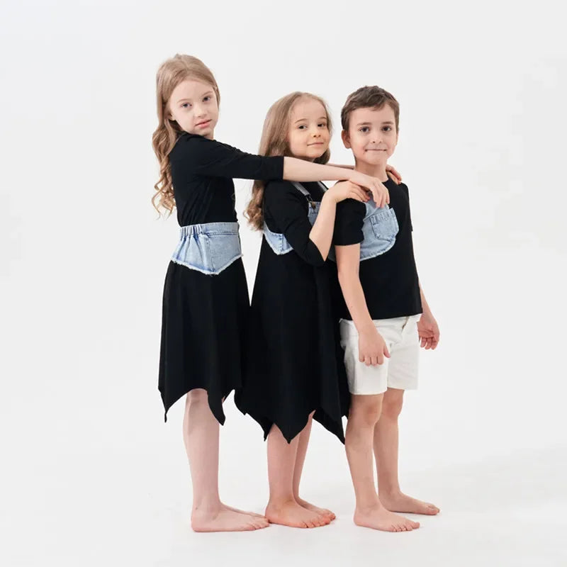 AP washed jeans patch collection children boys girls spring summer denim casual family matching clothing jumper tee skirt