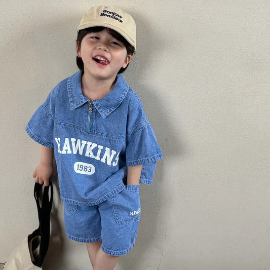 5816C Children's Clothing Set Denim Suit Summer Casual Boy's Denim Suit Letter Print Top+ Shorts Casual Two-piece Suit