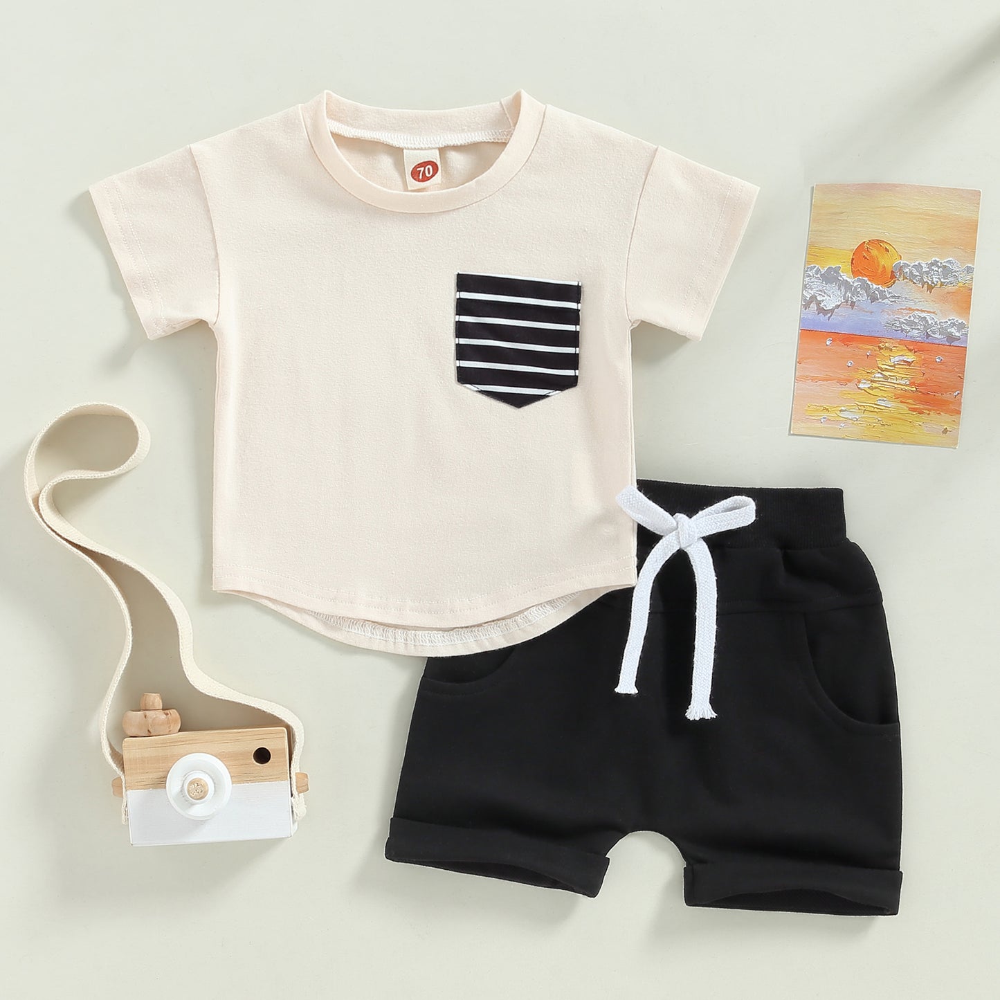2023-01-10 Lioraitiin 0-3Years Baby Boys 2Pcs Shorts Set Short Sleeve Crew Neck Stripes T-shirt with Elastic Waist Shorts