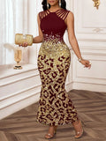 Elegant Leopard Print Sequin Fishtail Dress for Women, Black & Gold, Sleeveless, Party Evening Wear