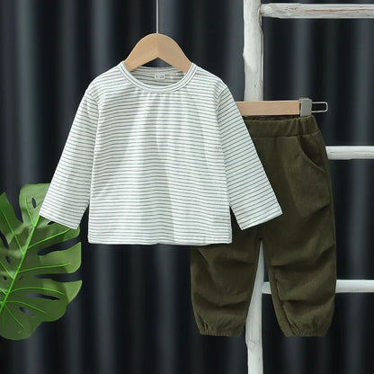New boys' spring and autumn fashion trend letter printed corduroy jacket with round neck and three piece set of boys' pants