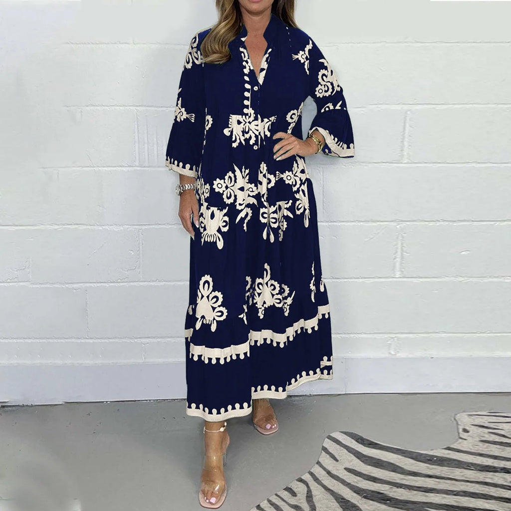 Casual Long Dresses Womens Summer Retro V Neck Print Long Sleeve Dresses Elegant High Quality Party Formal Vestidos Women