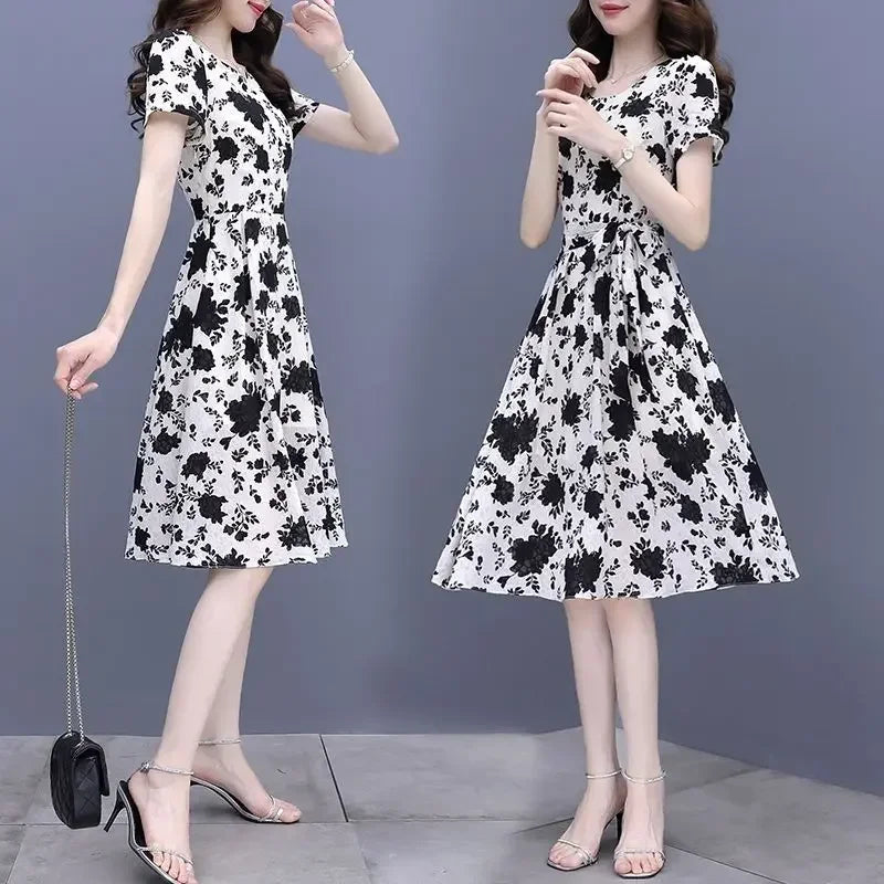 Breathable Chiffon Floral Print Dress V Neck Slim Fit With Ruffles