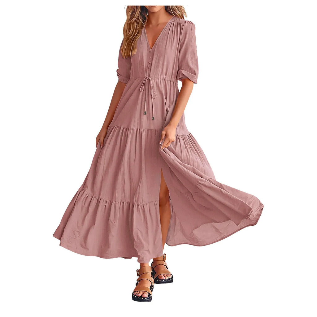 Women Button Drawstring Maxi Dresses Summer Lantern Sleeve Solid Color Boho Long Dresses Sexy A Line Tierred Large Swing Dress