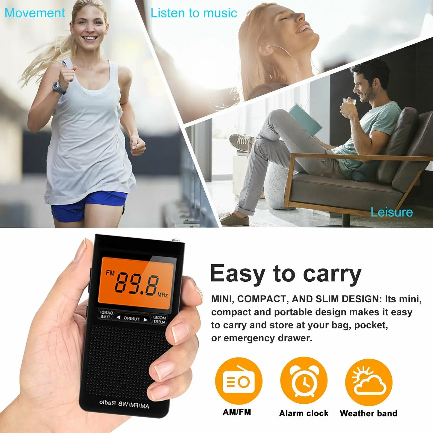 Portable Weather Radio FM AM NOAA Emergency Pocket Radio With Weather Warning Alarm Clock Auto-Search Channels Mini Hand Radio