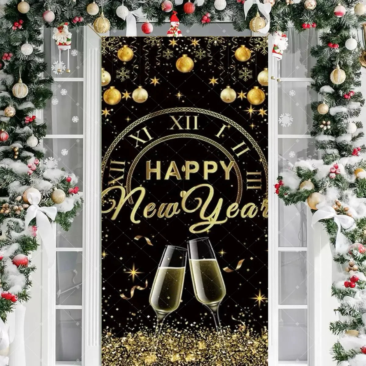 Black Gold 2026 Happy New Year Theme Party Door Decor Backdrop New Year Clock Gift Champagne Party Cake Table Porch Decor Banner