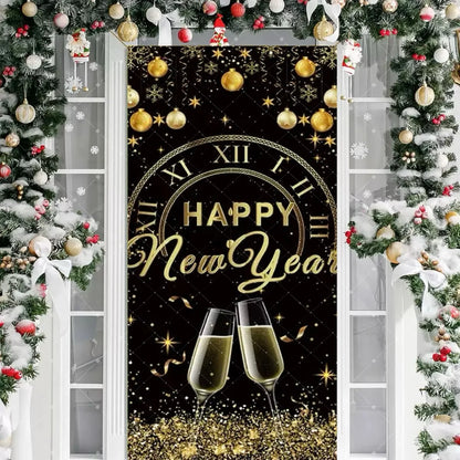 Black Gold 2026 Happy New Year Theme Party Door Decor Backdrop New Year Clock Gift Champagne Party Cake Table Porch Decor Banner