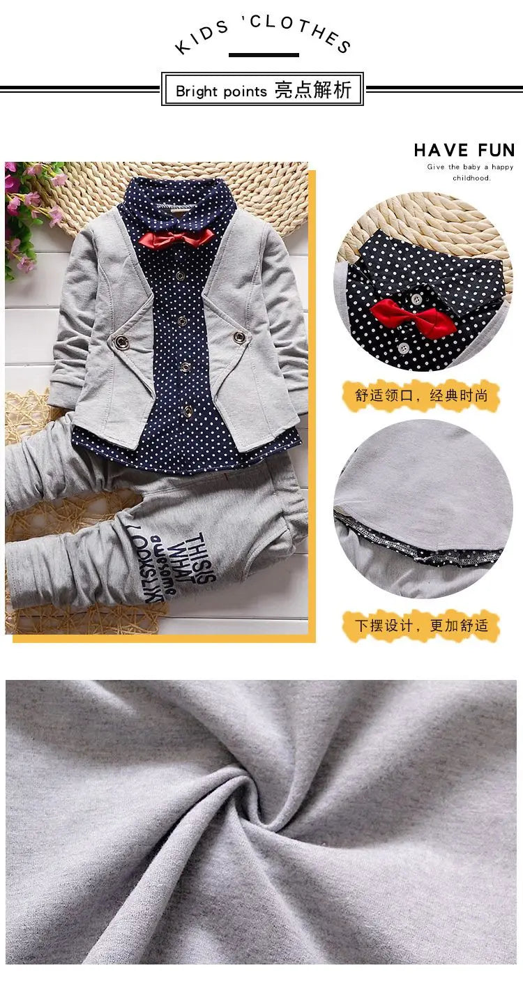Autumn toddler boy polka dot V-neck bow tie shirt+suit jacket+letter printed trousers 3Pcs suit