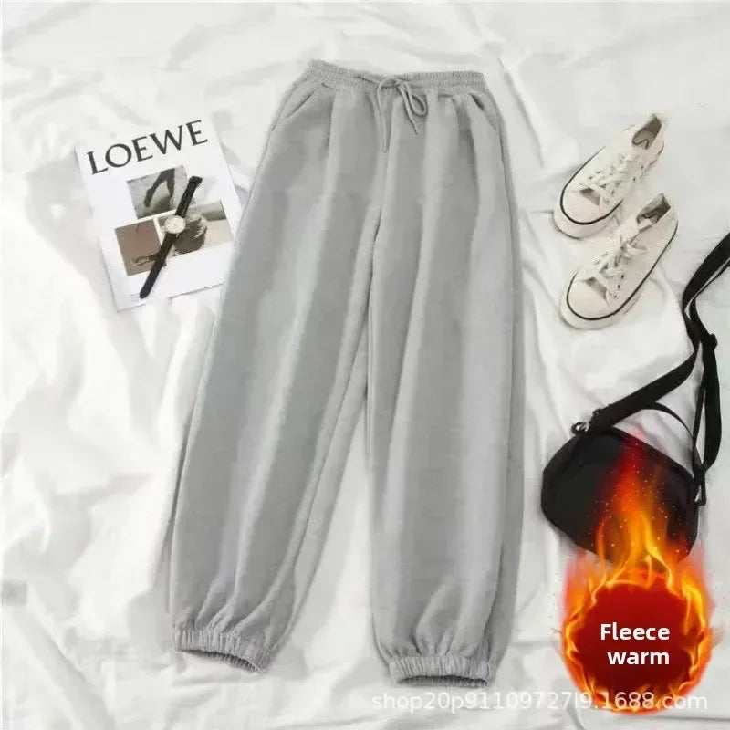 Thickened Fleece Black Sports Pants Pure Color Casual Trousers Autumn Winter New Style Slimming Harlan Pants for Women