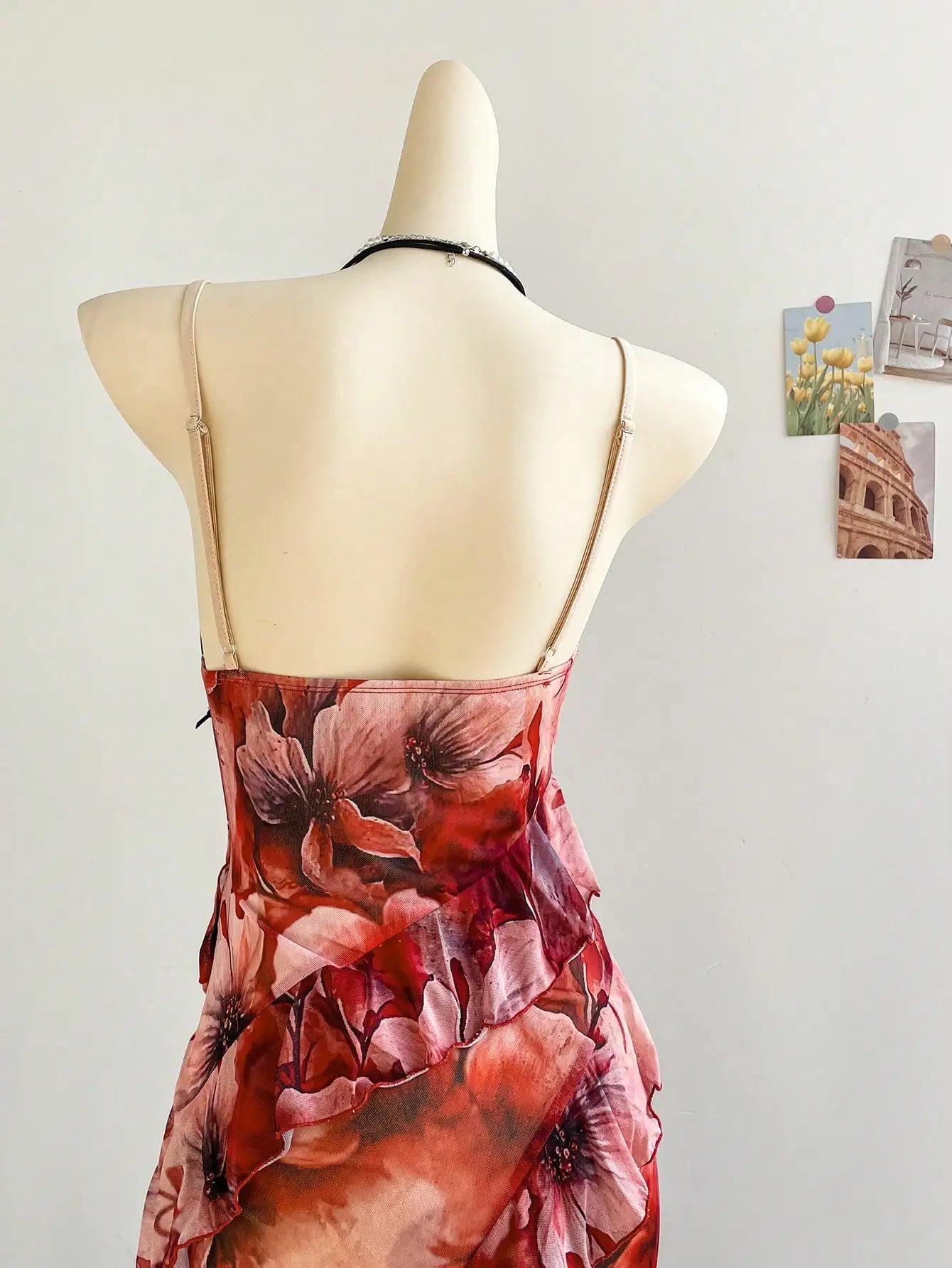 Soleia Women's Colorful Vintage Floral Print Draped Neck Layered Ruffle Hem Maxi Dress, Vacation Style Elegant Dress Women,