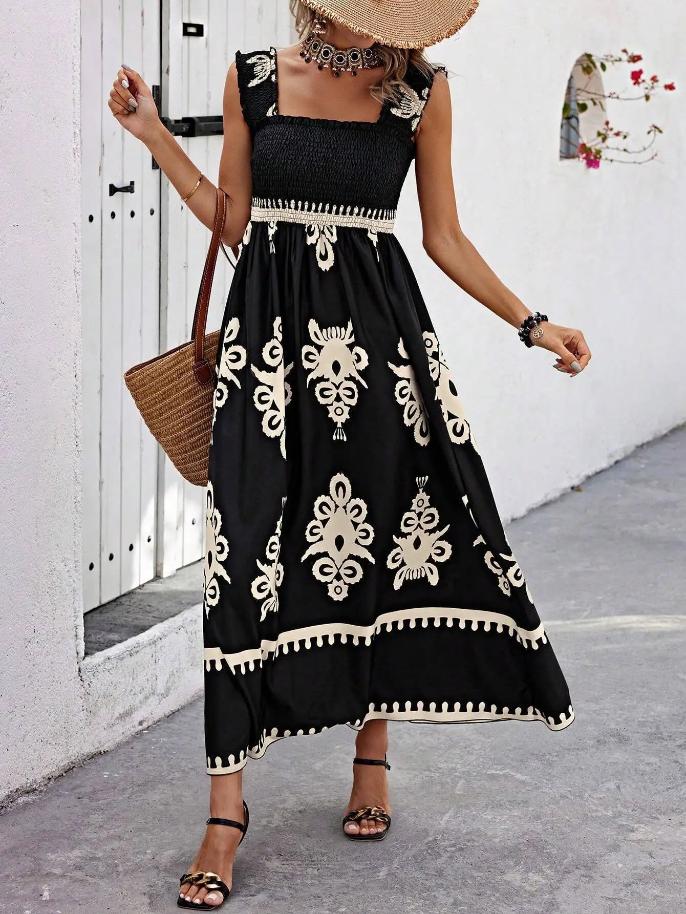 VEITCHE Summer Vacation Style Women Dress Fashionable Printed Sexy Sleeveless Strap Casual Comfortable Beach Long Sundress