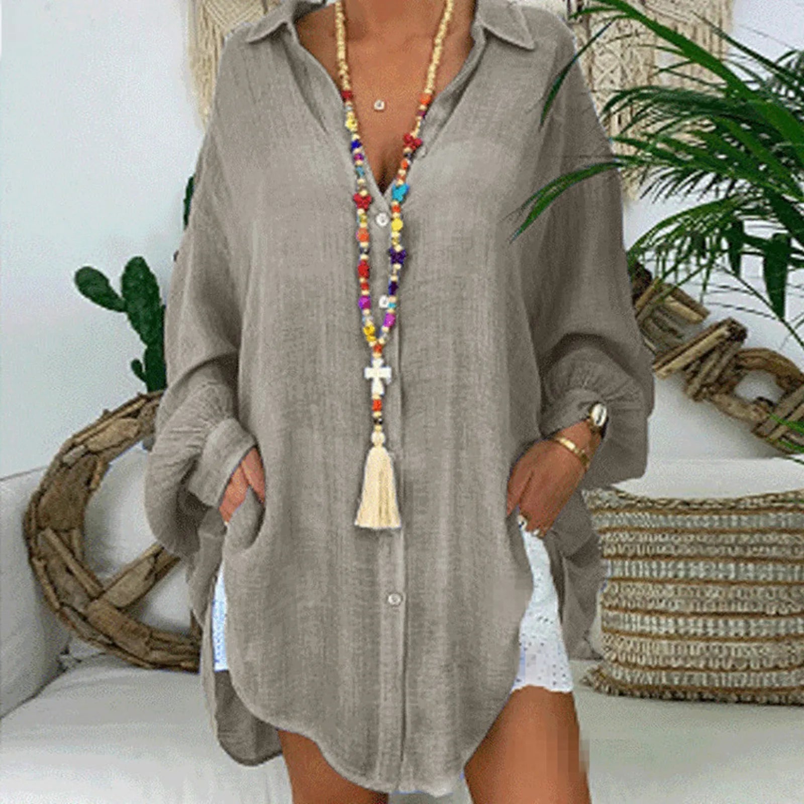 Loose Linen Shirts for Women Solid Color Cotton Linen Bohomian Style Long Sleeve Loose Casual Blouse Lapel Neck Large Size Shirt