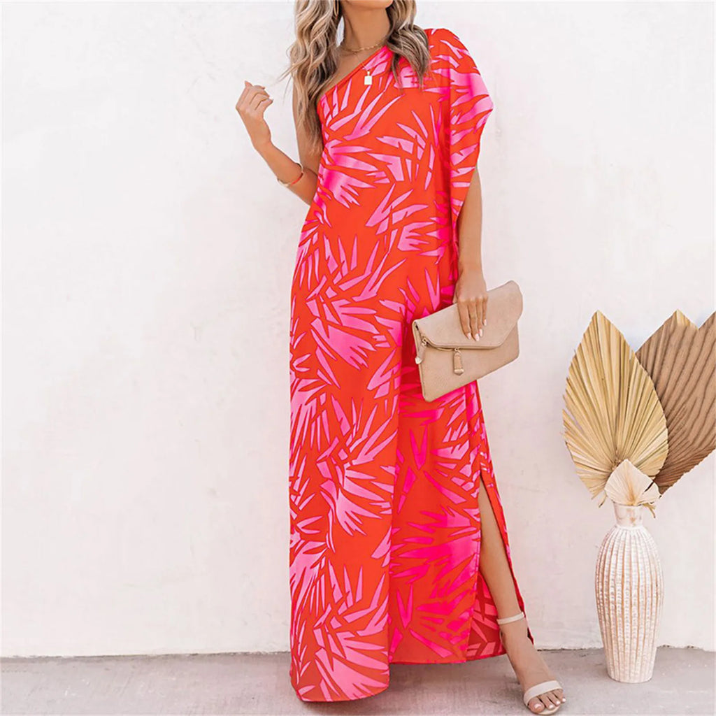 Tropical Printing Women Maxi Dress Summer Elegant One Shoulder Sleeveless Slit Long Party Evening Dress Lady Boho Sundress Robe