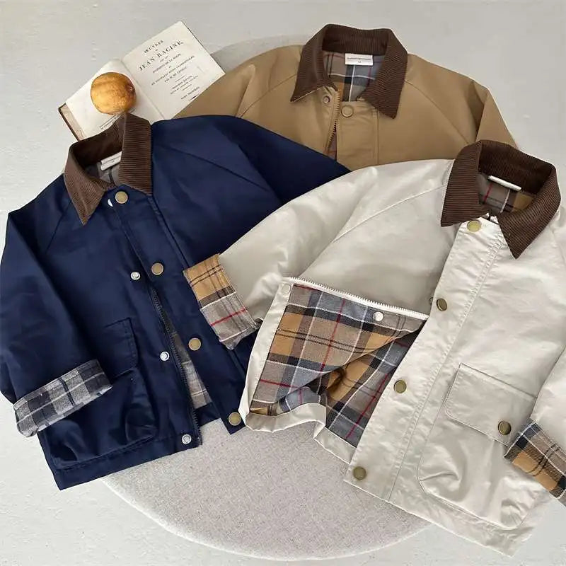 2025  Spring Autumn Kids Boys Jacket Plaid Spliced Pocket Long Sleeve Toddler Boys Outerwears Coat Children Boys Jacket