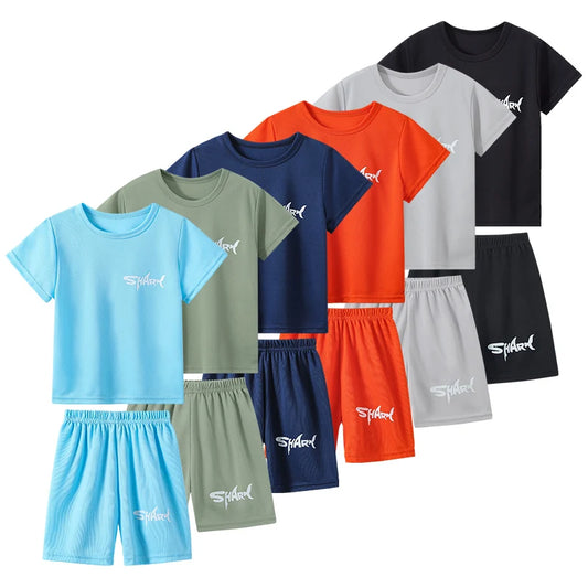 2-pieces Summer Children's Letter Quick drying Sports Suit For Boys And Girls Loose Short Sleeved T-shirt Outdoor Casual Shorts