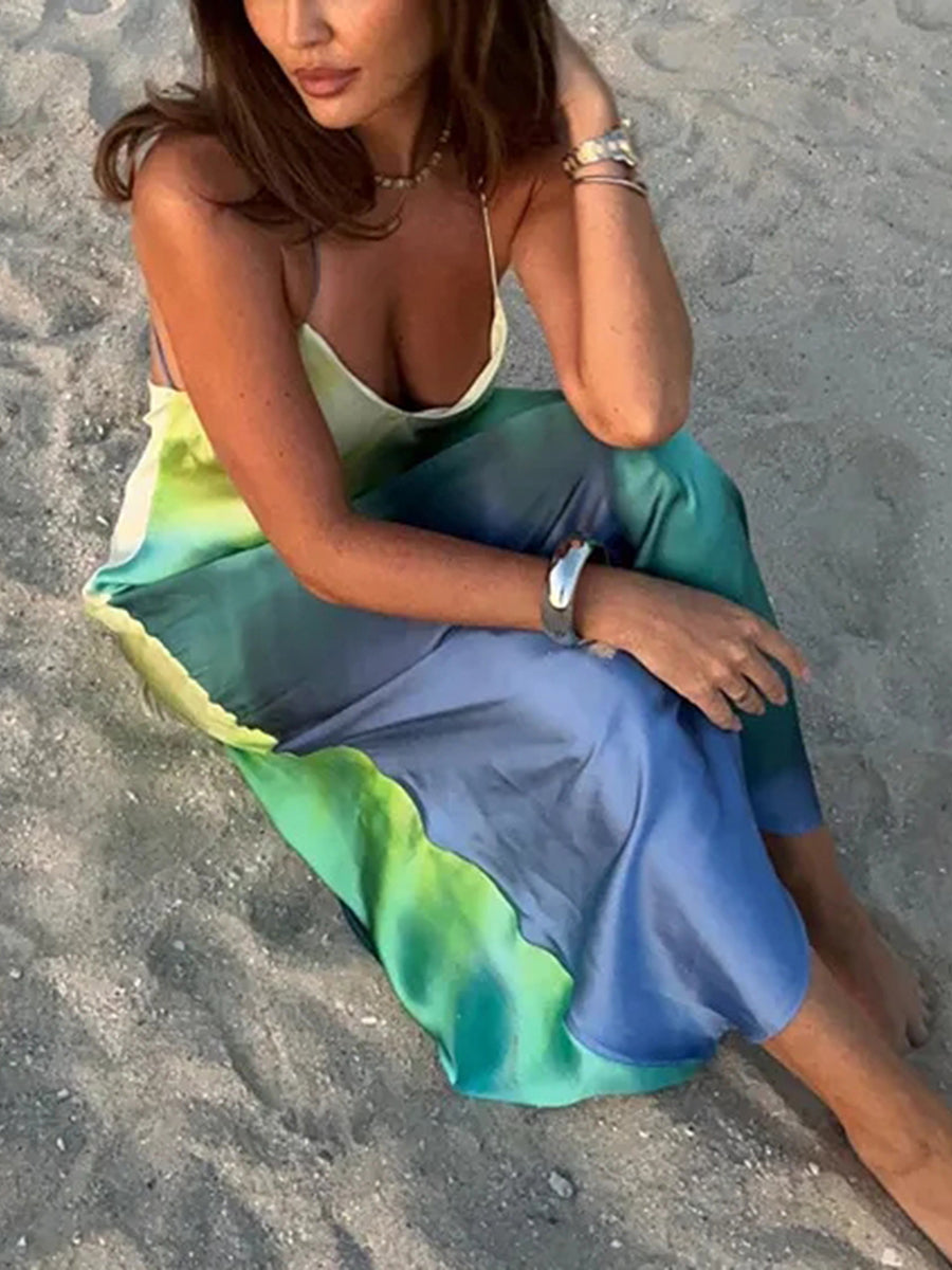 Combhasaki Women's Summer Boho Cami Long Dress Gradient Color Spaghetti Strap V-Neck Backless Beachwear Party Maxi Sundress