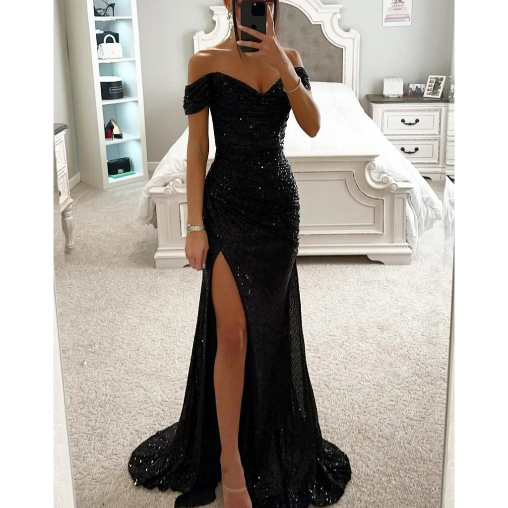 Women's S-XL Size New Party Sequins One line Neck Split Dress INS Casual Versatile Fashionable Charming Slimming Dress for Women