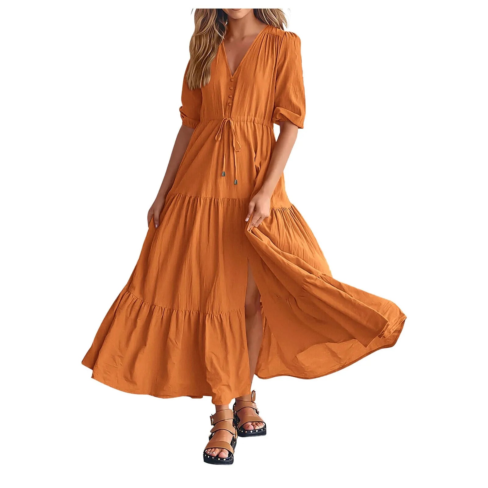 Women Button Drawstring Maxi Dresses Summer Lantern Sleeve Solid Color Boho Long Dresses Sexy A Line Tierred Large Swing Dress
