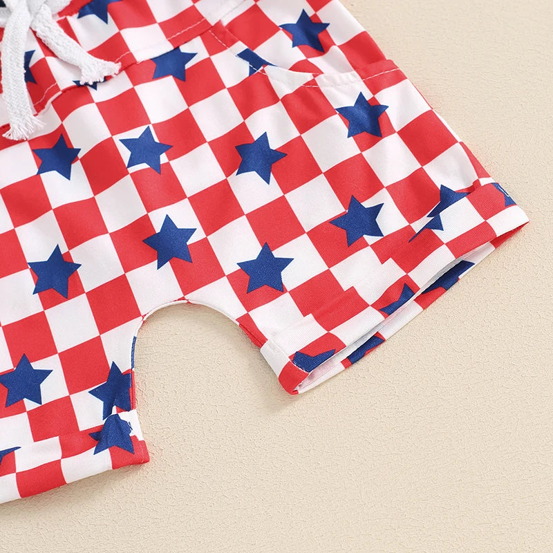Pudcoco 4th of July Toddler Boy Outfits Fuzzy Letter Embroidery T-Shirt Stars Patrtern Checkerboard Shorts 2Pcs Clothes Set 0-3T