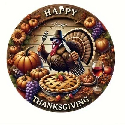 "'Happy Thanksgiving' – 1pc 2D Round Plaque | Embellished with Turkey & Autumn Harvest Motifs – Perfect for Holiday Decor"