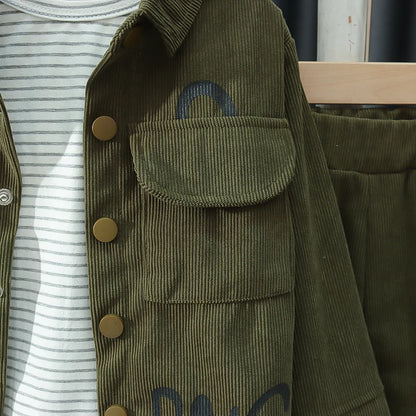 New boys' spring and autumn fashion trend letter printed corduroy jacket with round neck and three piece set of boys' pants