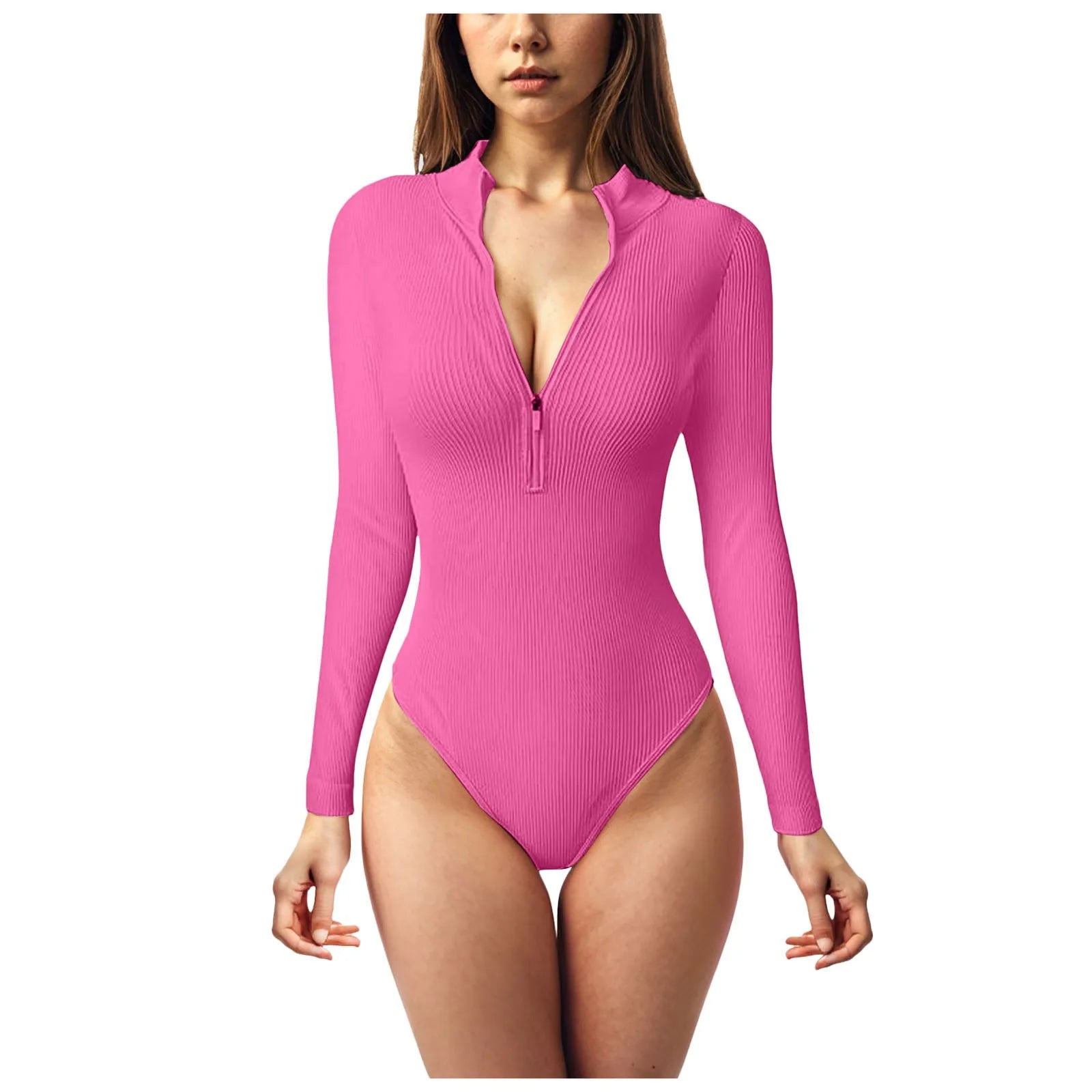 Women Ribbed One-Piece Bodysuits Half Zip Up Stand Collar Y2k Tops Bottoming Undershirts Slimming Long Sleeve Jumpsuits Tops