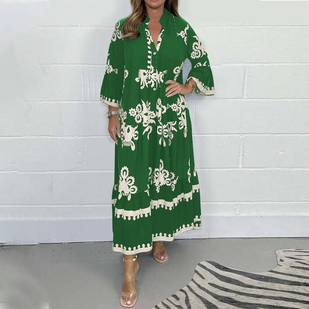 Casual Long Dresses Womens Summer Retro V Neck Print Long Sleeve Dresses Elegant High Quality Party Formal Vestidos Women